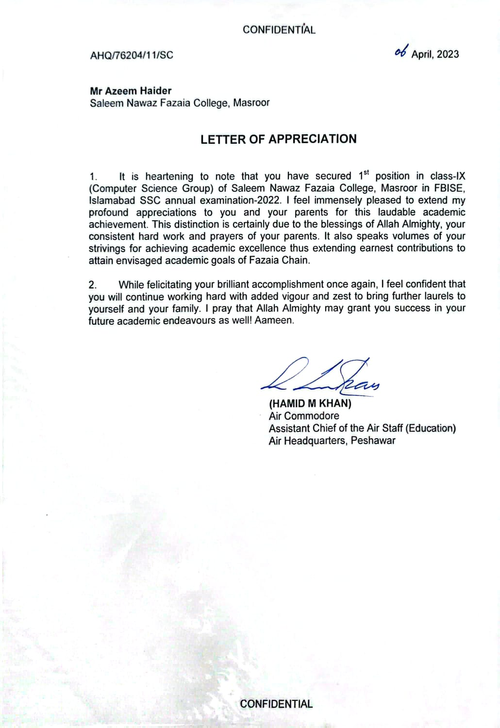 Letter of Appreciation